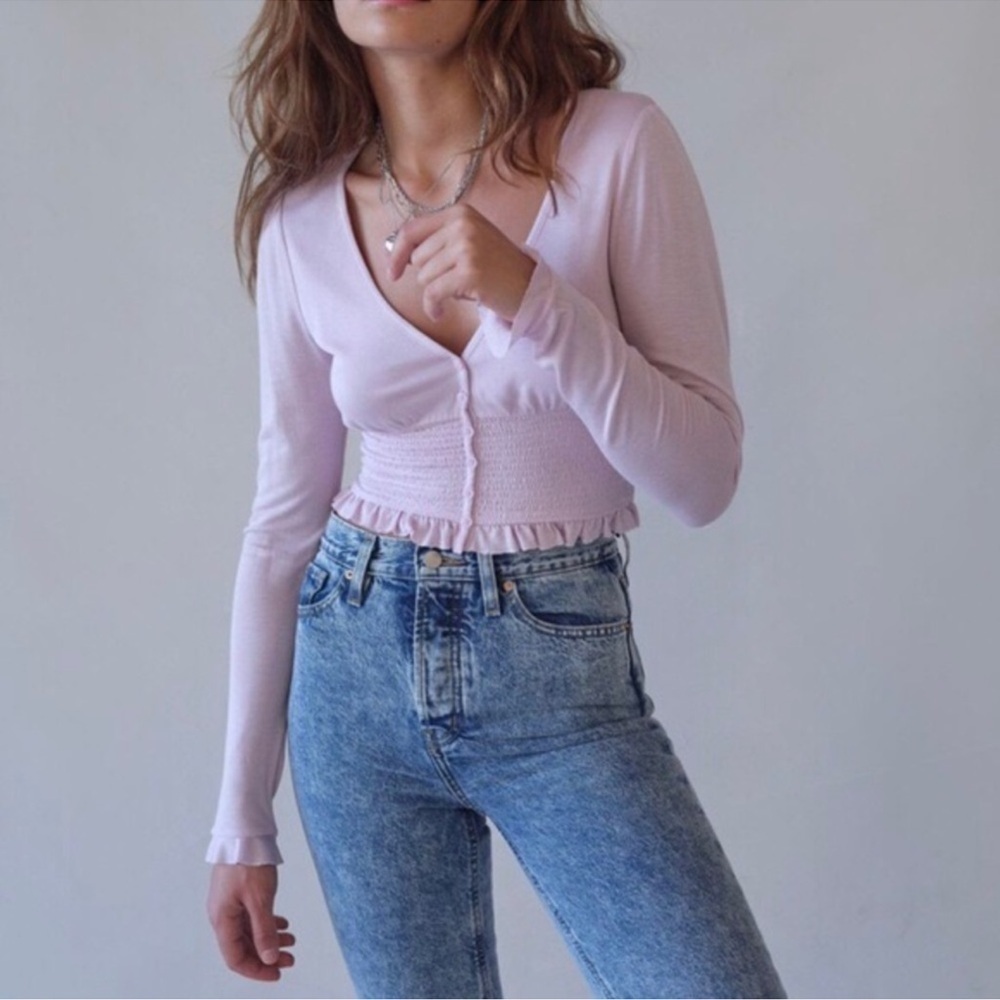 Urban Outfitters Women's Medium Pastel Pink Smock Long Sleeve Crop Top Large